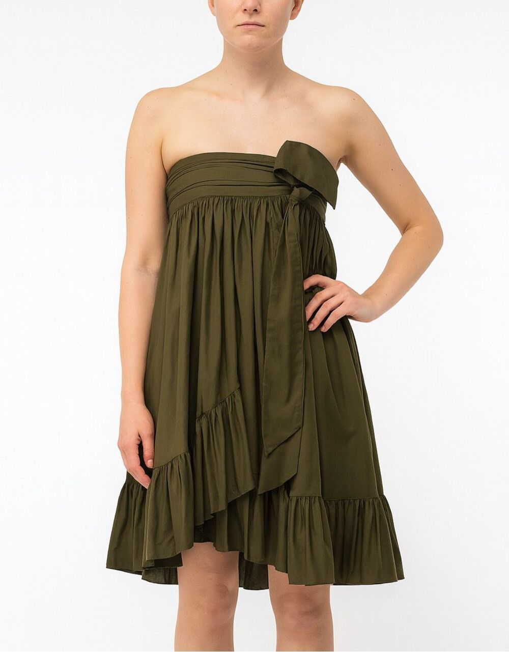 Diane von Furstenberg Tolara Olive Strapless Ruffle Mini Dress Skirt 0